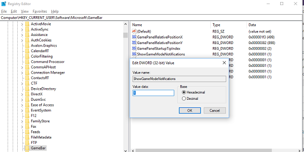 Registry Game Mode Notification in Windows 10